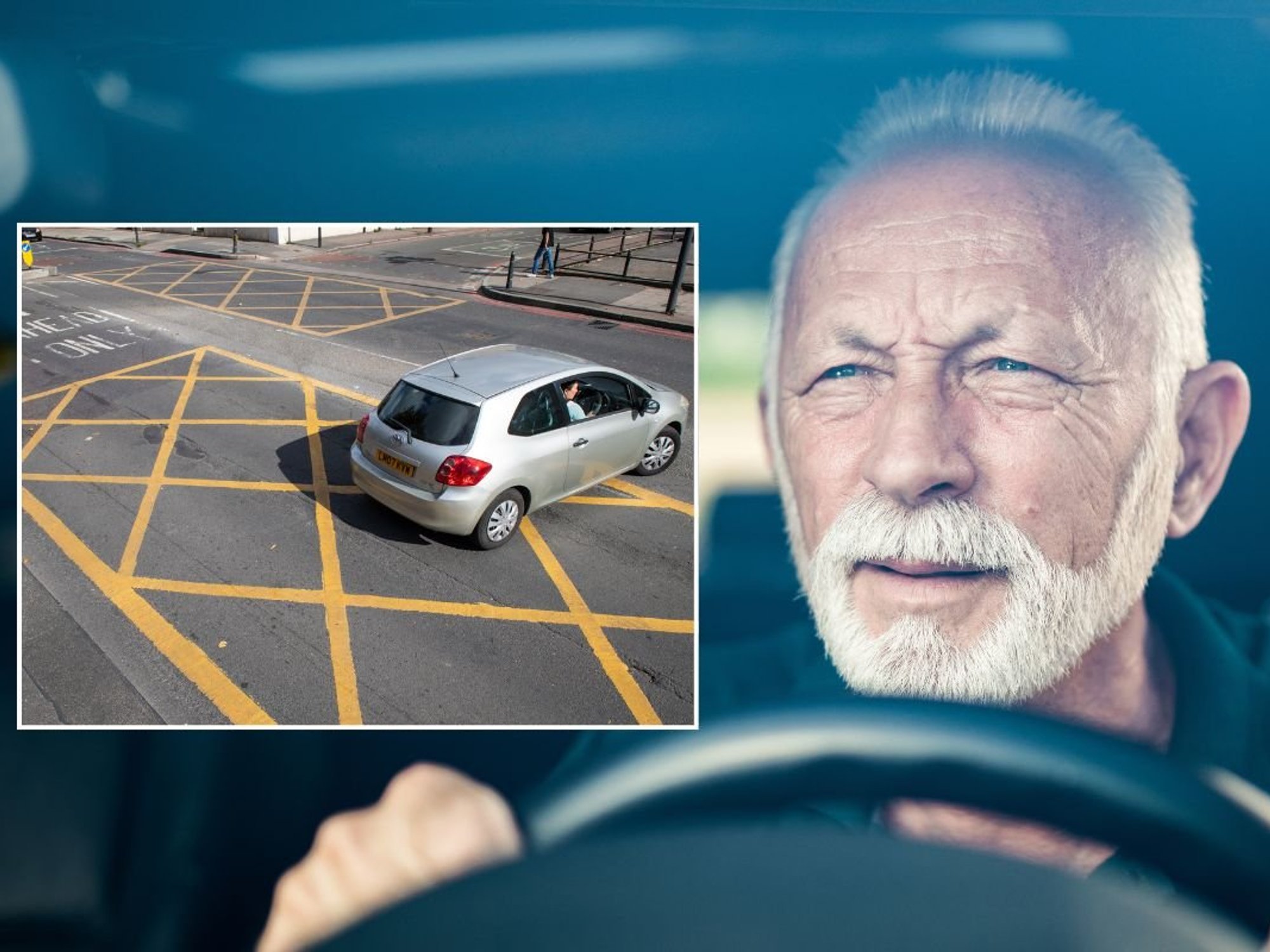 Yellow box junction and an elderly driver squinting