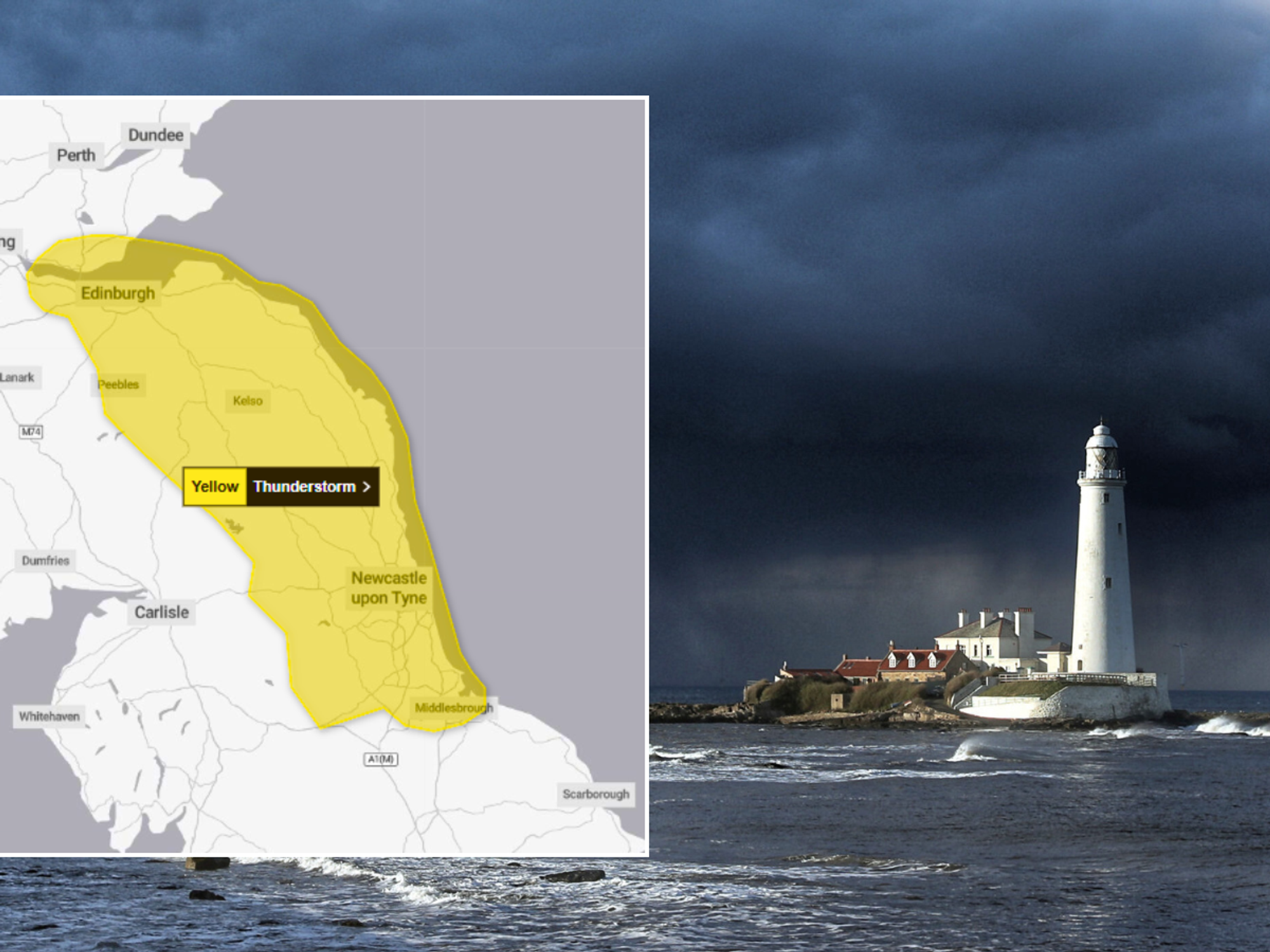 Yellow thunderstorm warning/St Mary's lighthouse at Whitley Bay, Tyne and Wear
