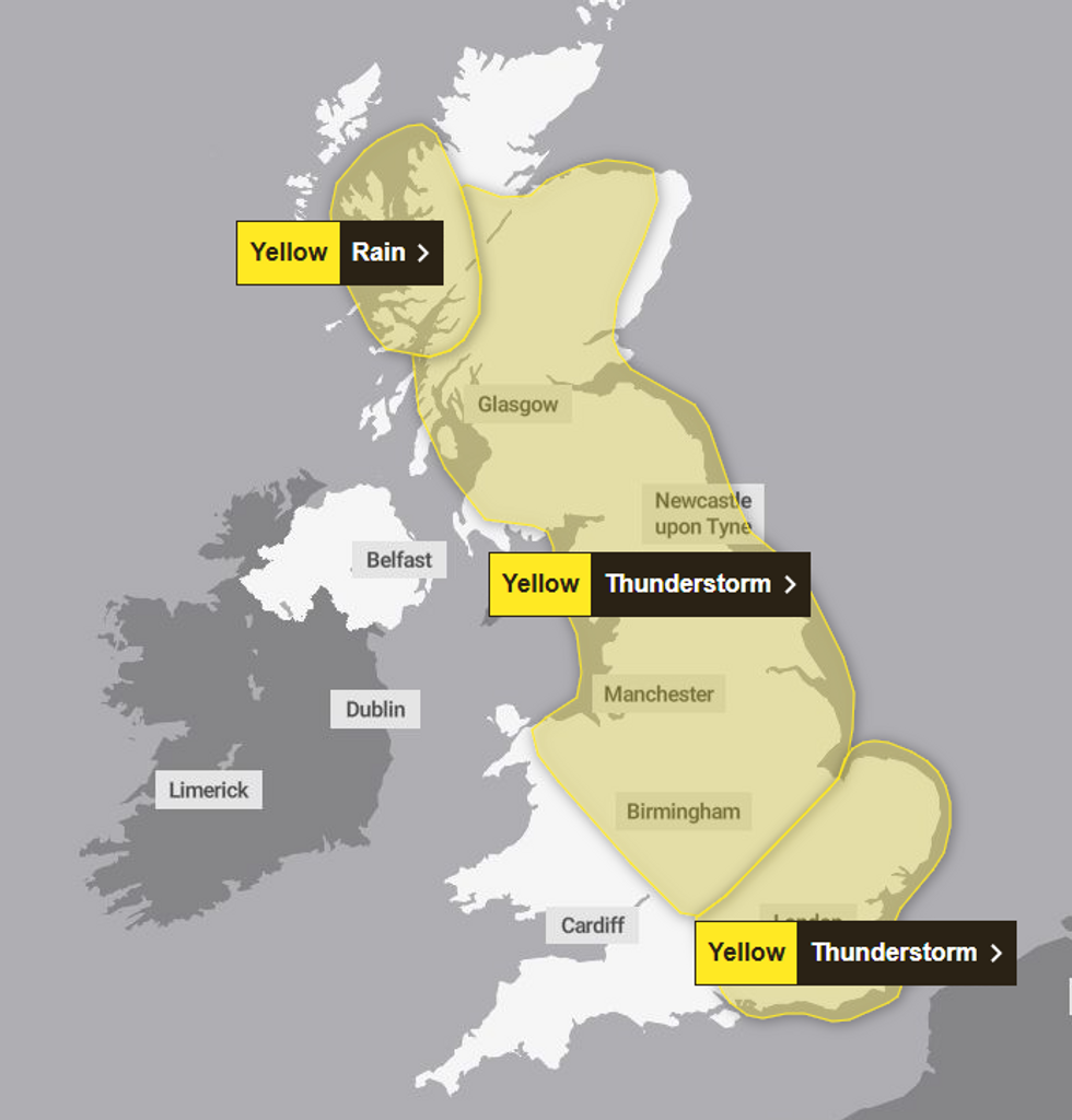 Yellow thunderstorm warnings are in place for the majority of the UK