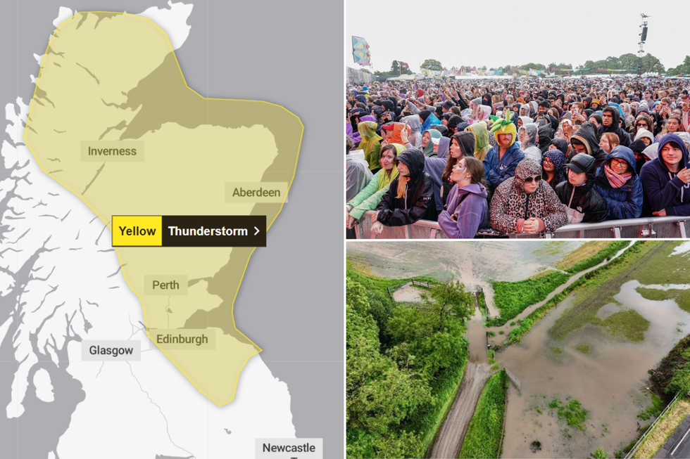 Yellow weather warning, flooding, people getting rained on