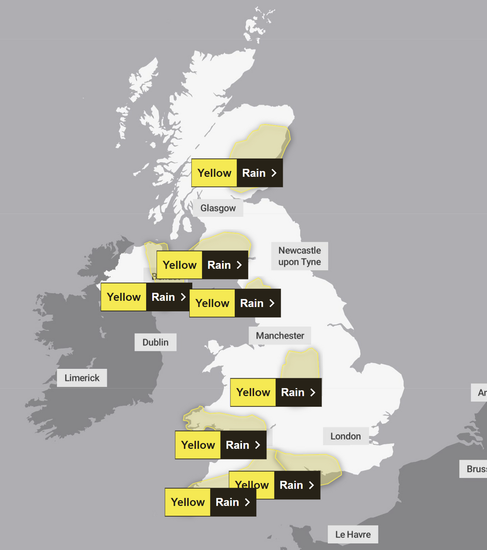 Yellow weather warnings are in place across the UK today
