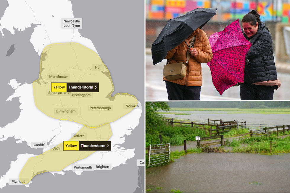 Yellow weather warnings, women in heavy rain with umbrellas, flooded field