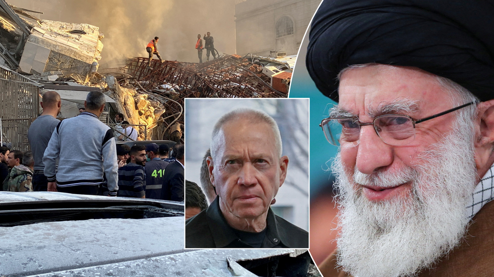 Yoav Gallant/Ali Khamenei/building rubble