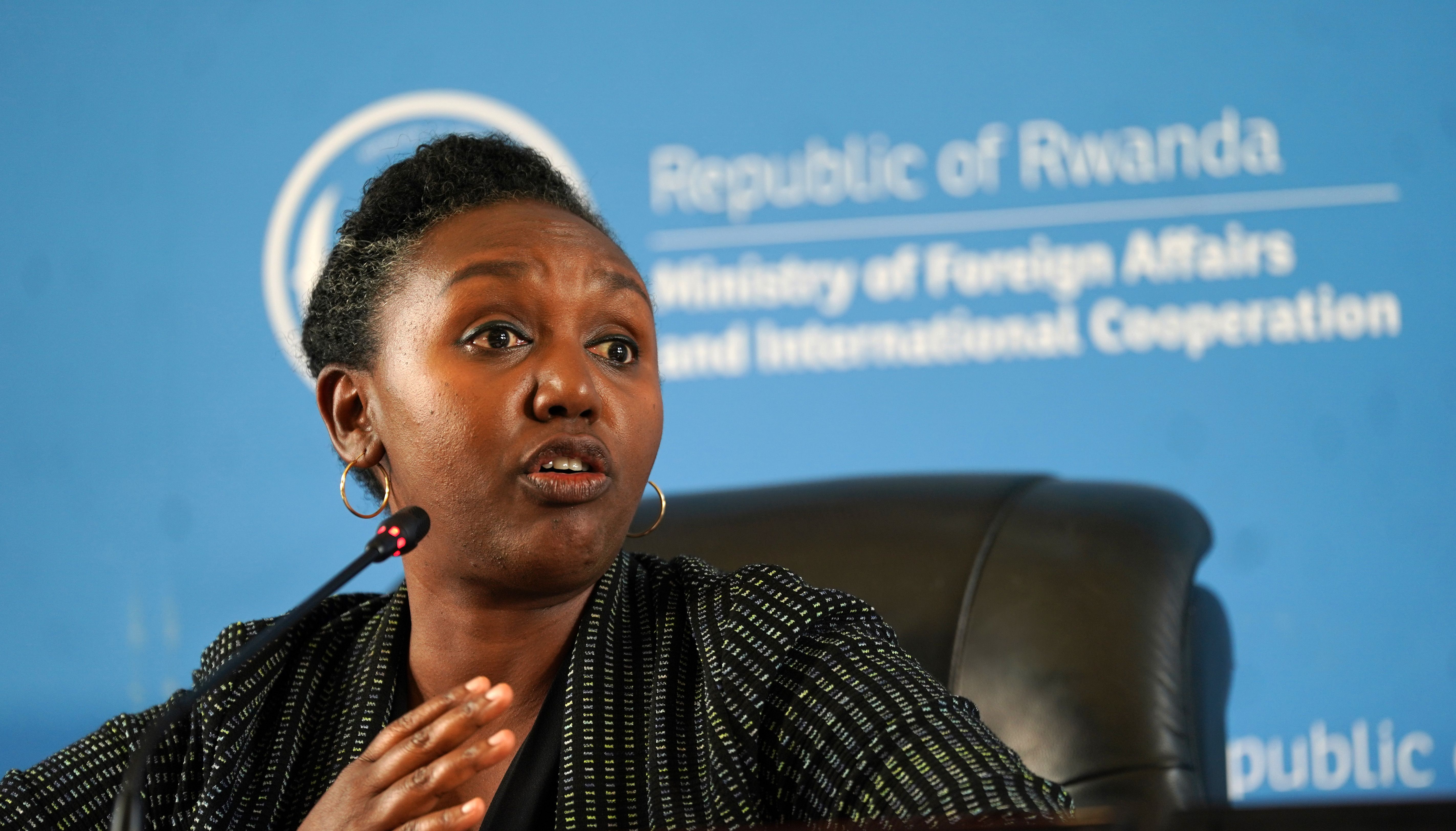 Yolande Makolo, spokeswoman for the Rwandan government, leads a press conference at the Ministry of Foreign Affairs in Kigali, Rwanda. Picture date: Tuesday June 14, 2022.