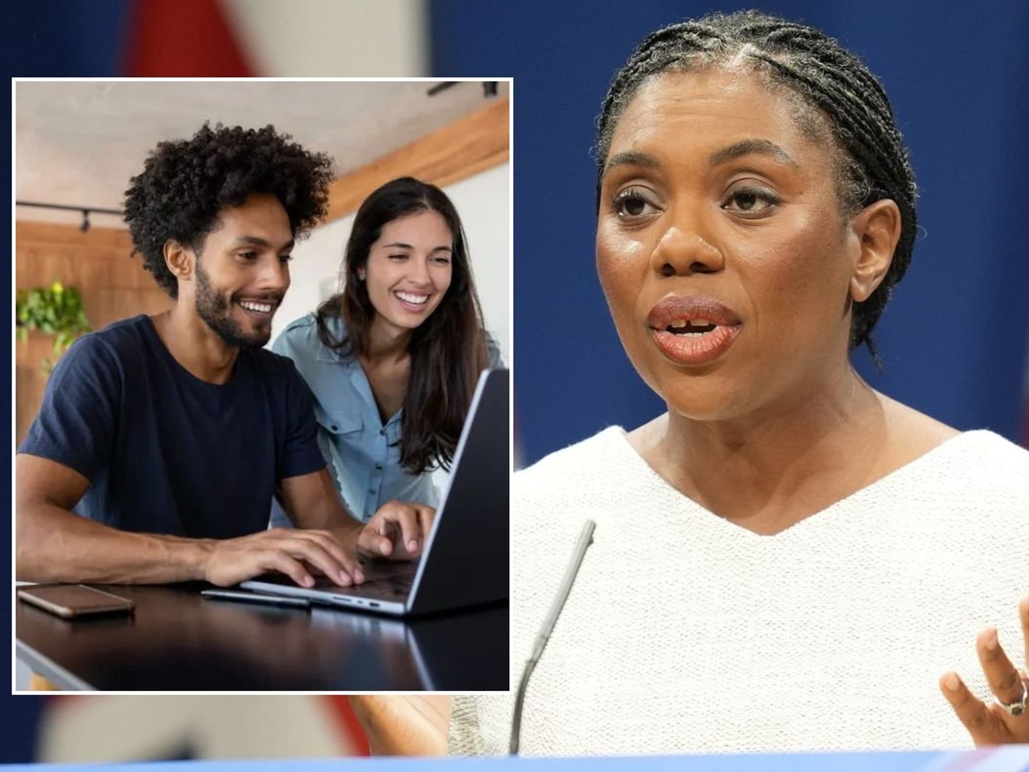 Young couple on laptop / Kemi Badenoch at Conservative Party Conference 2025