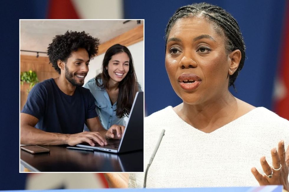 Young couple on laptop / Kemi Badenoch at Conservative Party Conference 2025
