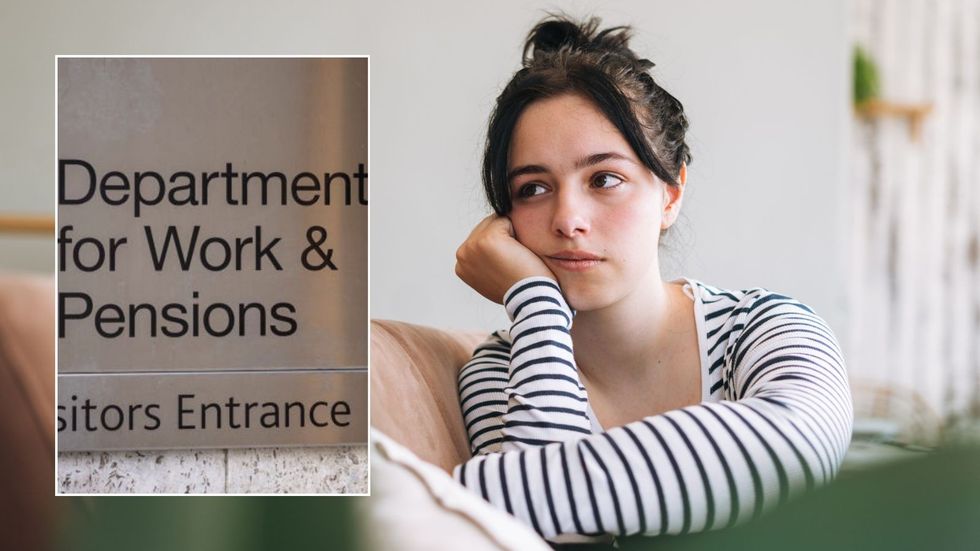 Young woman and DWP sign