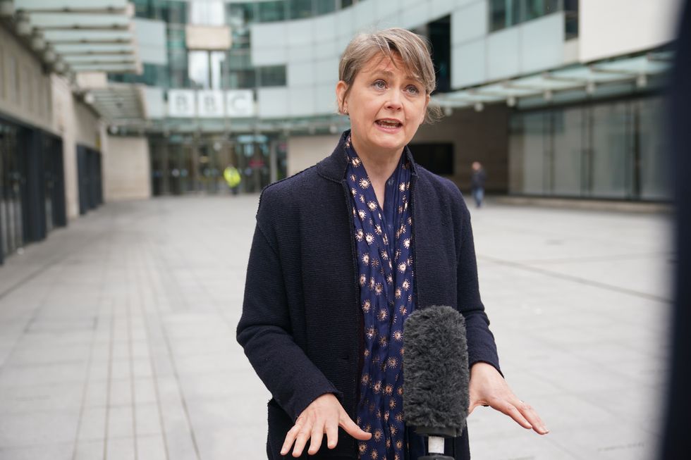 Yvette Cooper outside BBC Broadcasting House in central London.