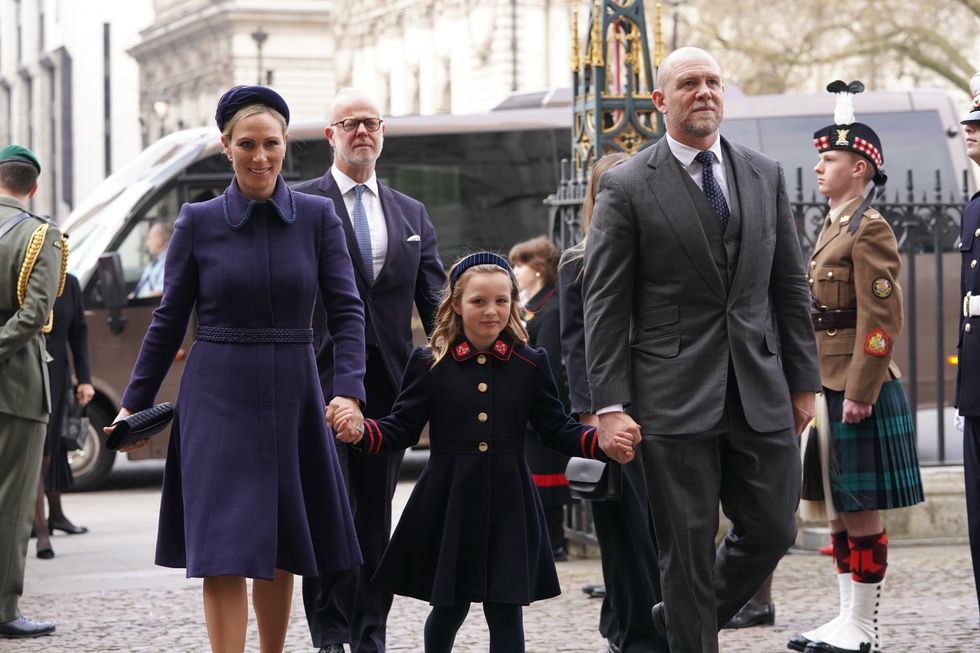 Zara, Mia and Mike Tindall arriving for a Service of Thanksgiving for the life of the Duke of Edinburgh, at Westminster Abbey in London. Picture date: Tuesday March 29, 2022.