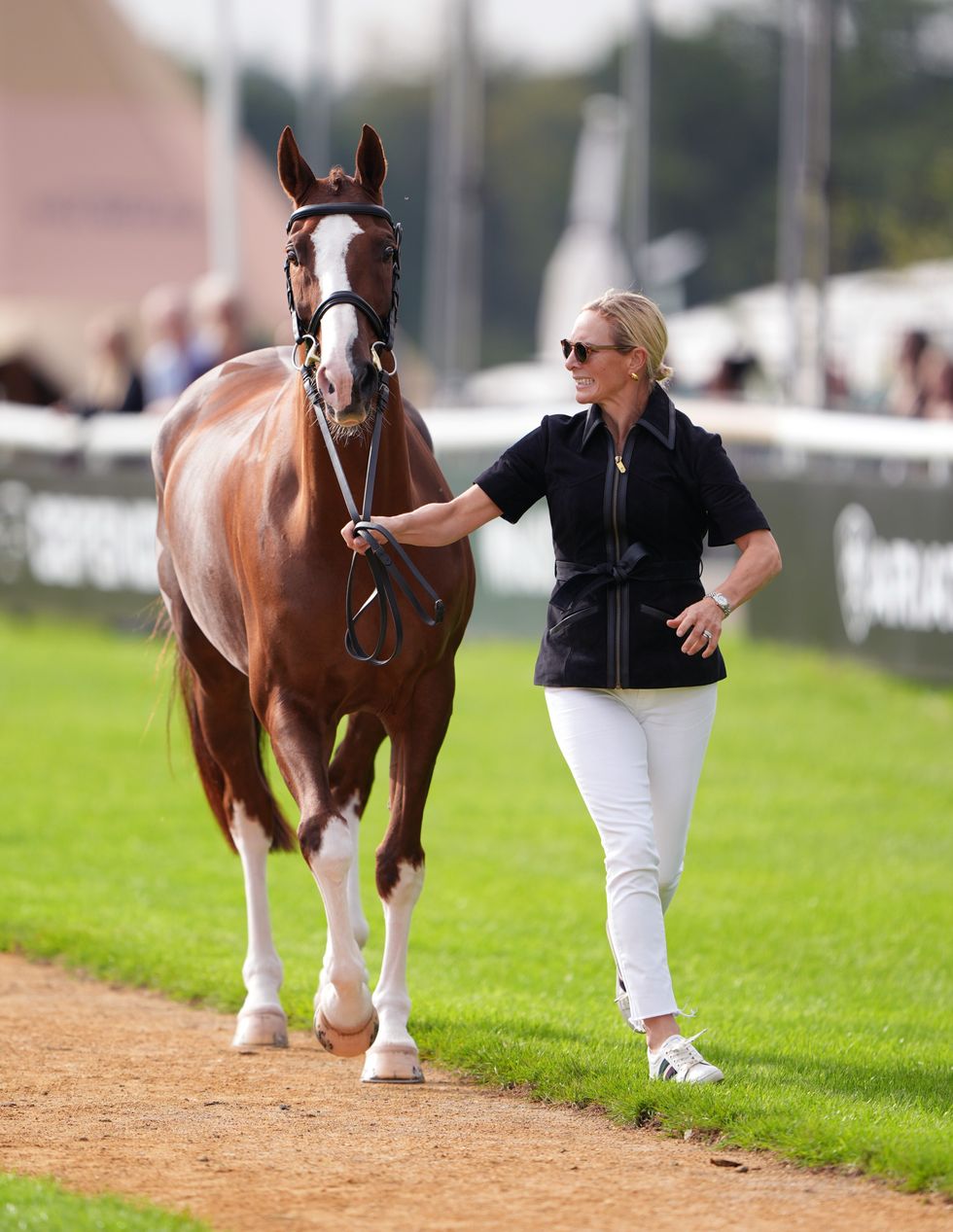 Zara Tindall with Class Affair during the horse inspection ahead of the Land Rover Burghley Horse Trials at Burghley House,