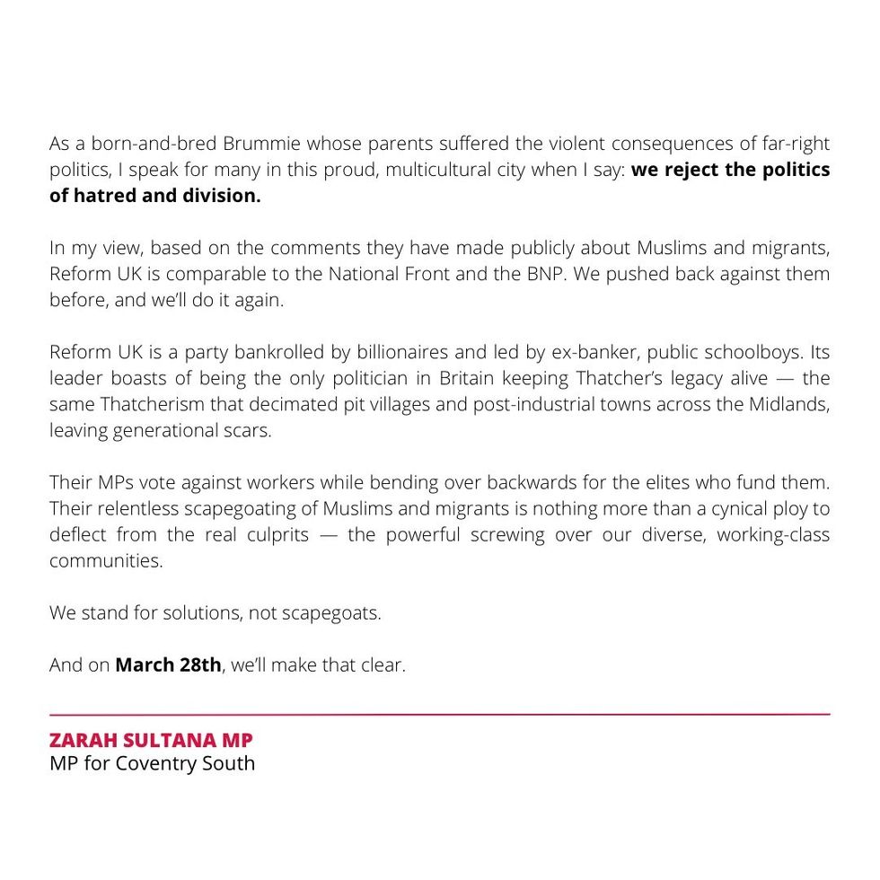 Zarah Sultana's comment in full