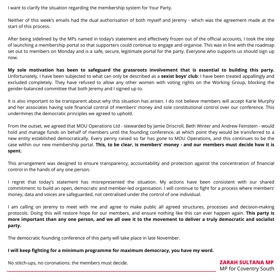 Zarah Sultana's statement