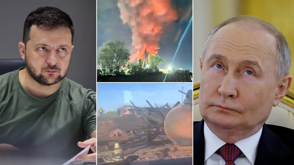 Zelensky/fire and smoke/train damage/Putin