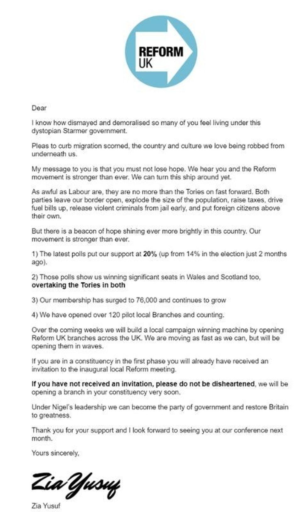 Zia Yusuf penned a letter to supporters last night