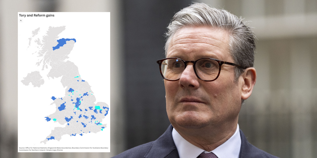 NextImg:Terrifying map for Starmer projects Britain swinging right as Tories and Reform seize over 100 seats