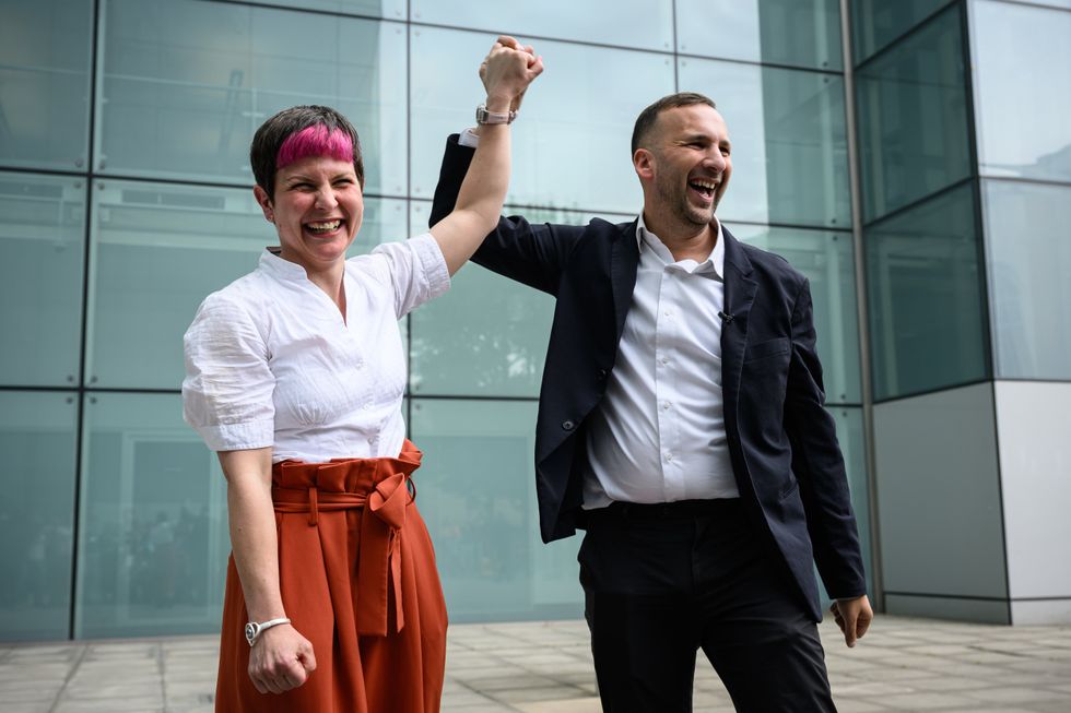 Zoe Garbett (left) and Zack Polanski (right) celebrating her Hackney mayoral victory